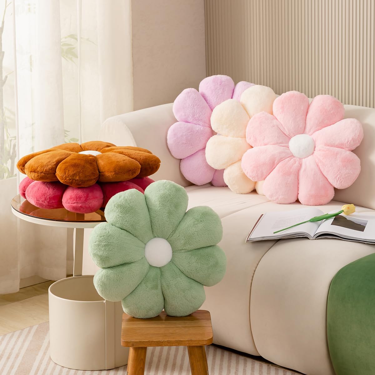 Almohada de flores, almohadas negras de 17.7 pulgadas, almohadas decorativas negras, almohada de flores, cojines de piso de flores para lectura y