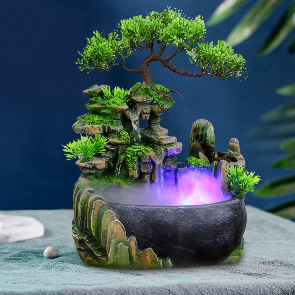 Fuente de agua de mesa, fuente de cascada interior con luces LED coloridas y atomizador, mini rocalla de escritorio, fuente de escritorio de