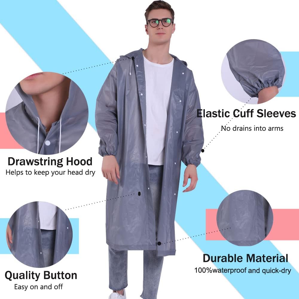 YDYJKI 2 Ponchos de lluvia reutilizables para adultos y hombres, abrigos de lluvia ligeros transparentes para mujeres con capucha y cordón