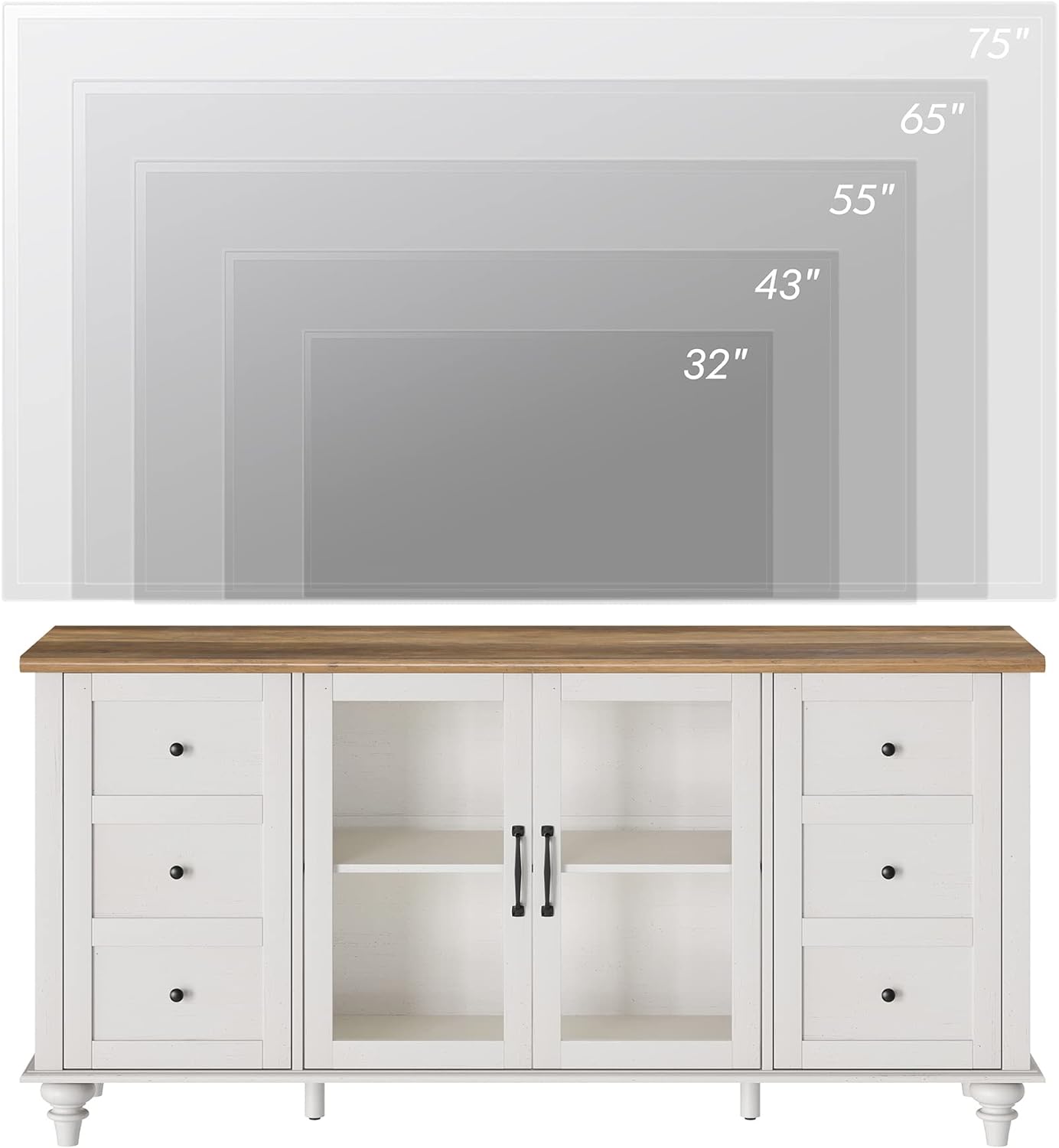 WAMPAT Soporte de TV de granja con armario de almacenamiento, soporte universal de TV de vidrio y madera, centro de entretenimiento blanco para