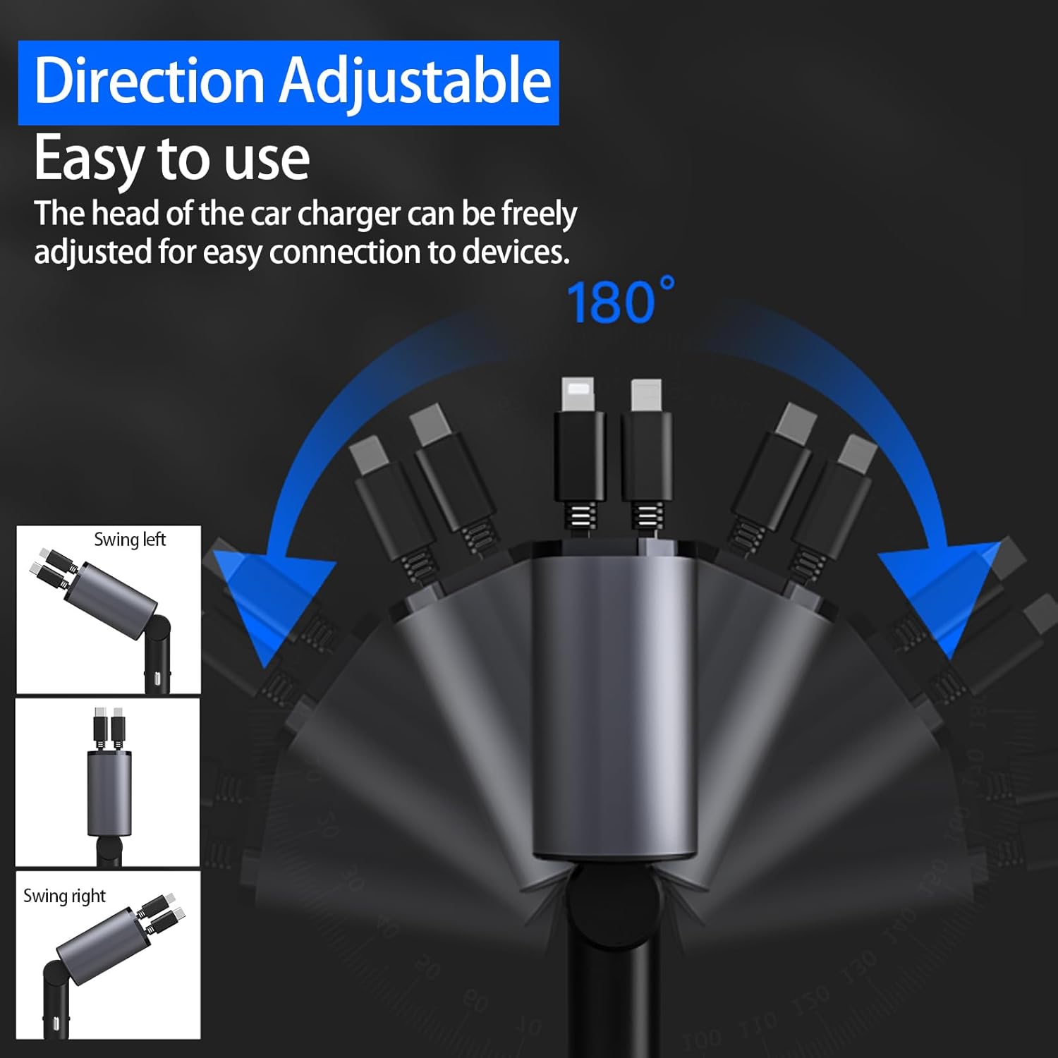 Cargador retráctil para automóvil con cables de carga retráctiles dobles tipo C y 2 puertos USB, cargador rápido 4 en 1 para teléfono con pantalla
