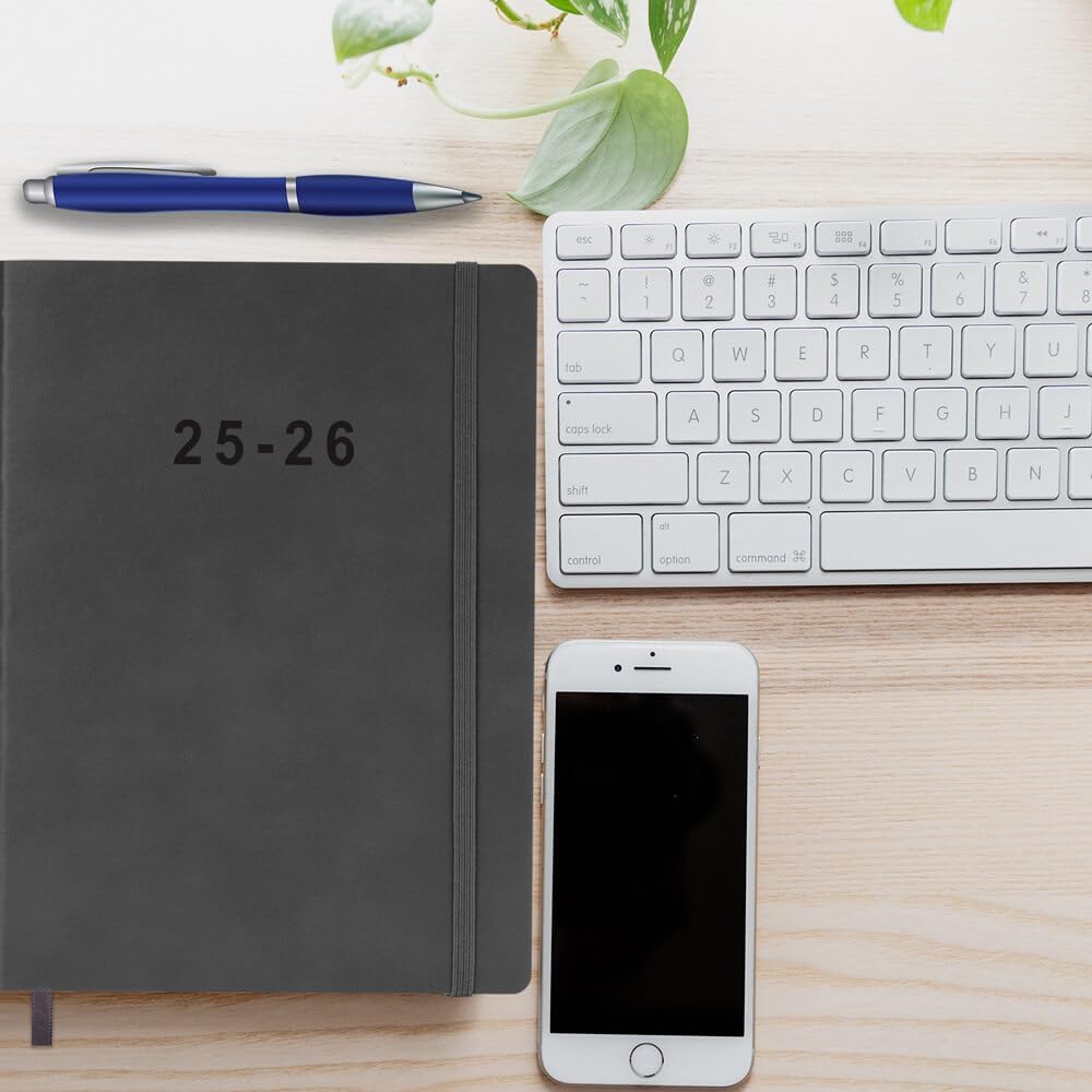 Agenda 2025-2026  Agenda semanal y mensual, octubre 2025 a diciembre 2026, cubierta de cuero vegano, cierre elástico, 7 x 9.25 pulgadas, gris