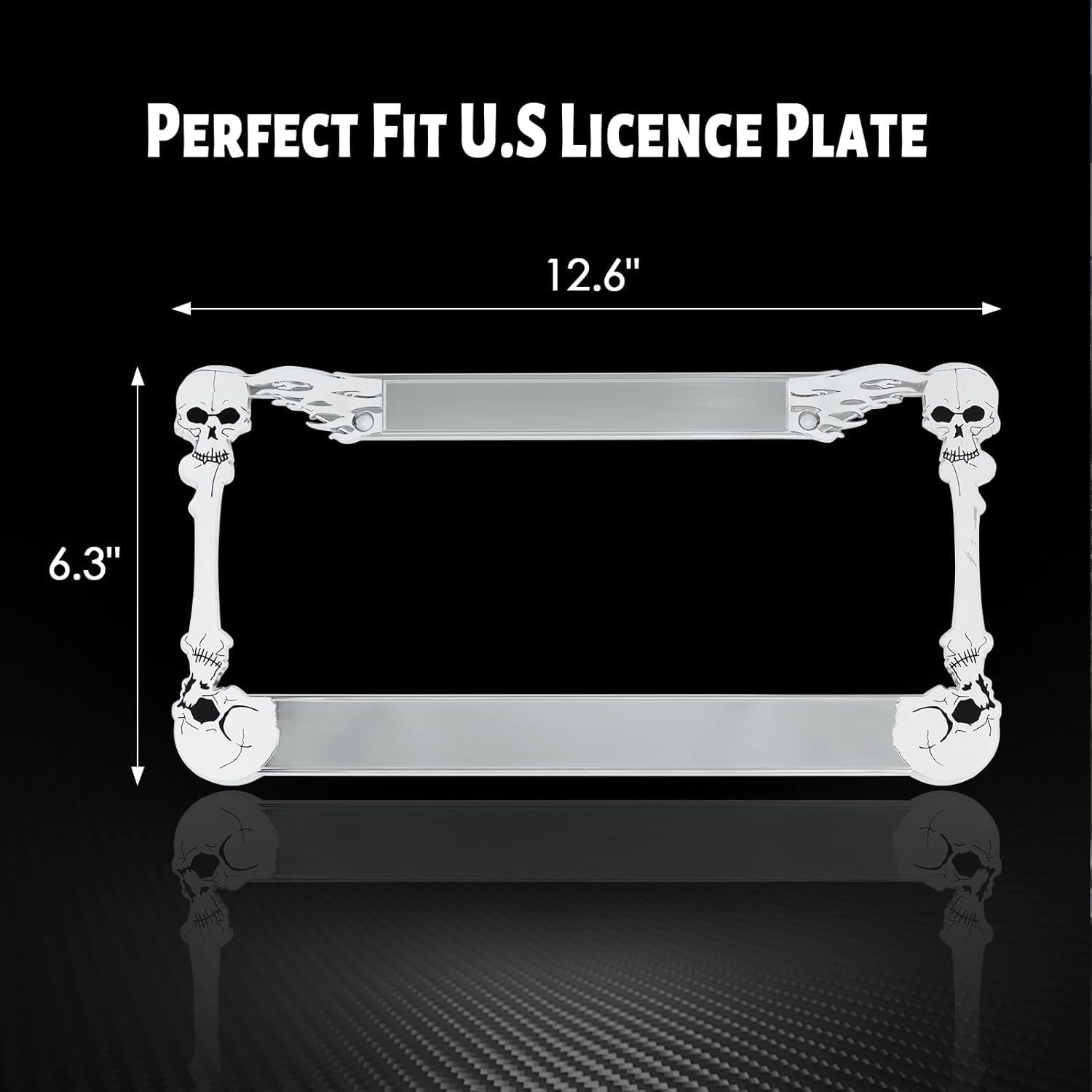 Marco de matrícula de calavera cromada con 2 agujeros, soporte de placa de esqueleto pulido de metal resistente, decoración de Halloween, 1 paquete