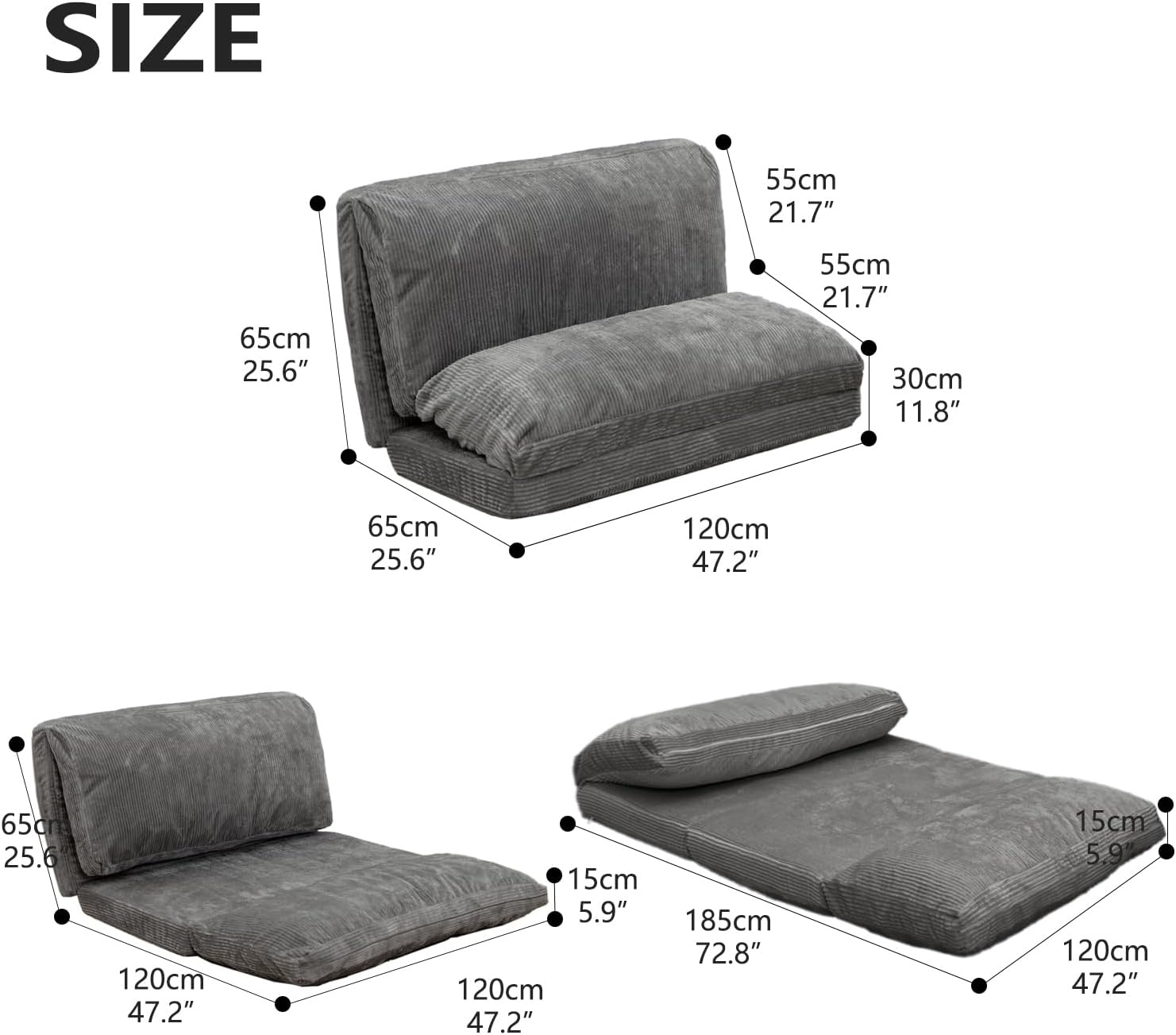 N&V Sofá cama plegable mediano con relleno de espuma, incluye funda extraíble y lavable a máquina, pana suave de alta calidad, mediano, gris escarcha