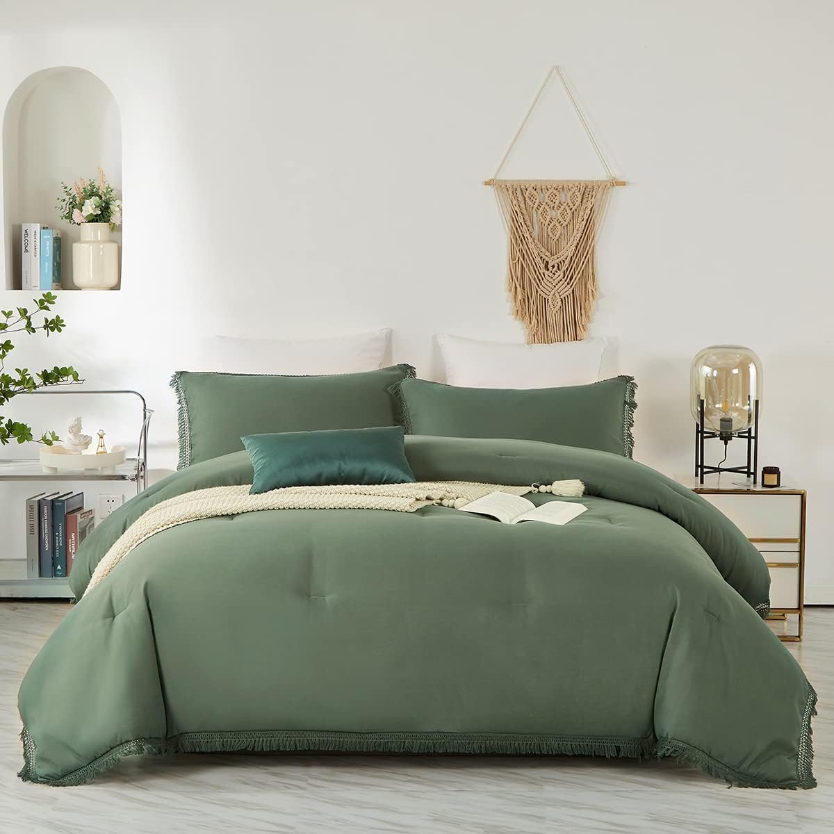 Juego de edredón verde bohemio tamaño King con borlas, juego de ropa de cama estético de 3 piezas de microfibra estilo desgastado y elegante, juego
