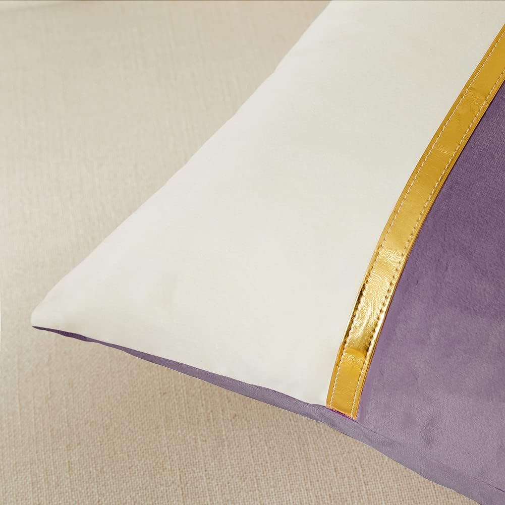 Fancy Homi 2 paquetes de fundas de almohada decorativas de 12 x 20 pulgadas para sofá cama de sala, retazos de terciopelo morado y blanco con cuero