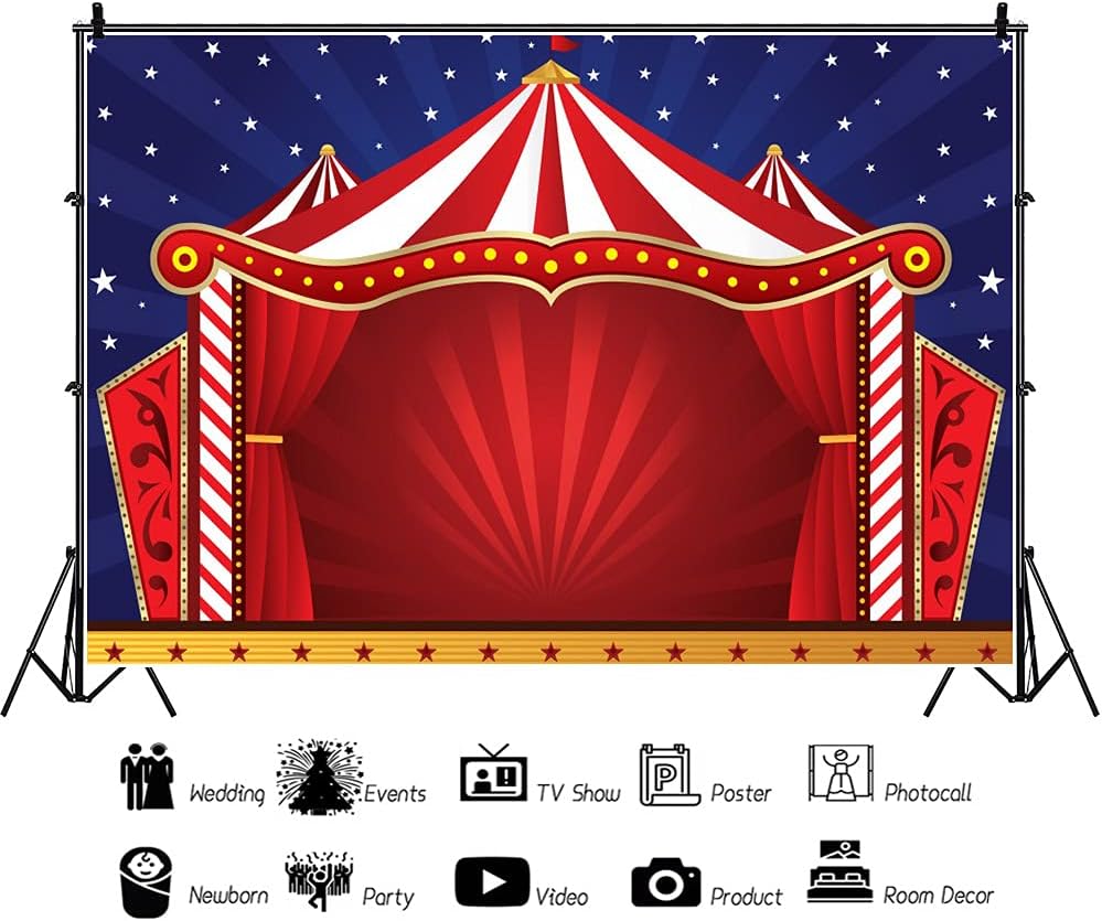 Laeacco Telón de fondo rojo para tienda de campaña de circo de dibujos animados, rayas rojas y blancas, cortina roja de circo, 5 x 3 pies, fondo de