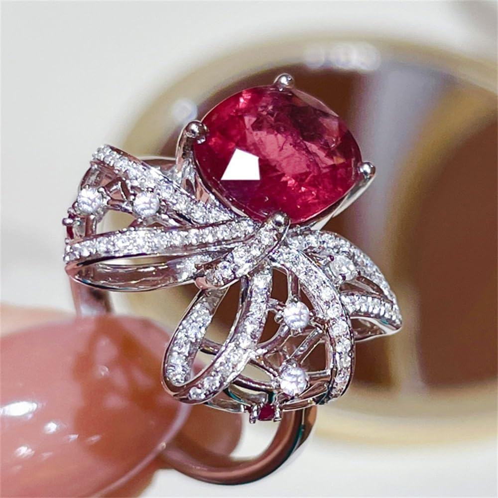 Anillo de plata de ley 925 con diamantes completos y brillantes de oro de 18 quilates, anillos de cóctel de rubí de talla ovalada de 3 quilates, con
