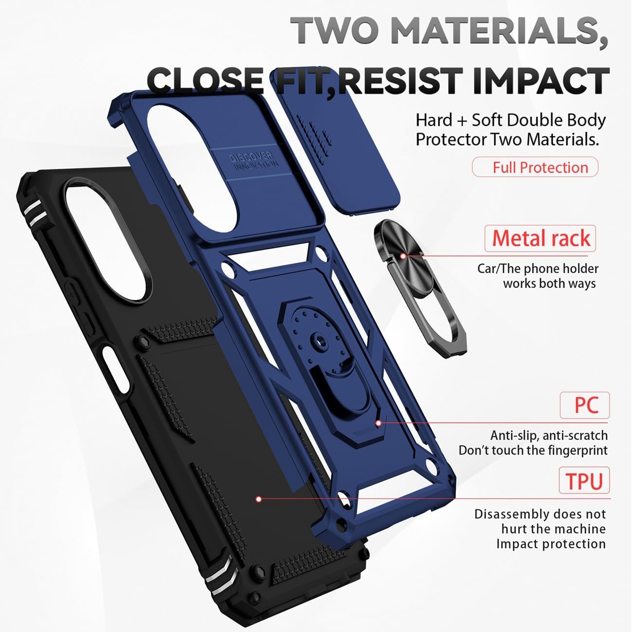 Funda para Honor X7, CMA-LX2 CMA-LX1 con protector de pantalla de vidrio templado y cubierta de cámara deslizante, soporte de anillo giratorio de