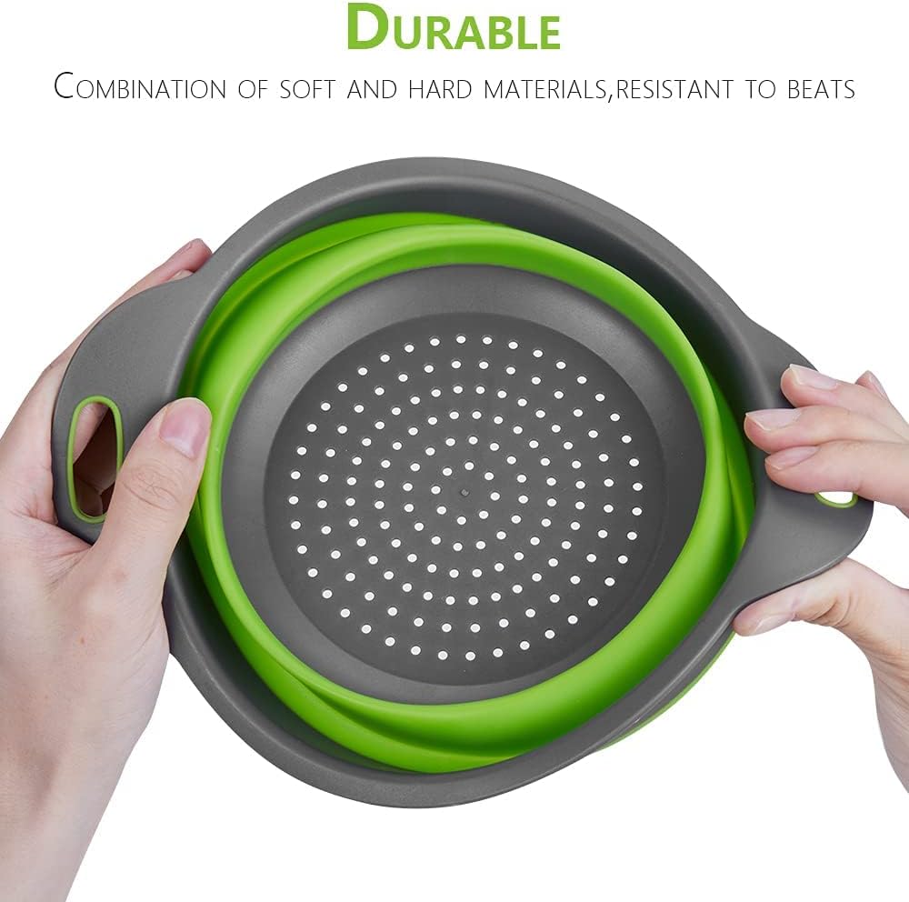 HOWOON Basket Collapsible Colander Set of 2 Round Silicone Kitchen Strainer – 1 large small Perfect for Draining Pasta, Vegetable and fruit (Green)