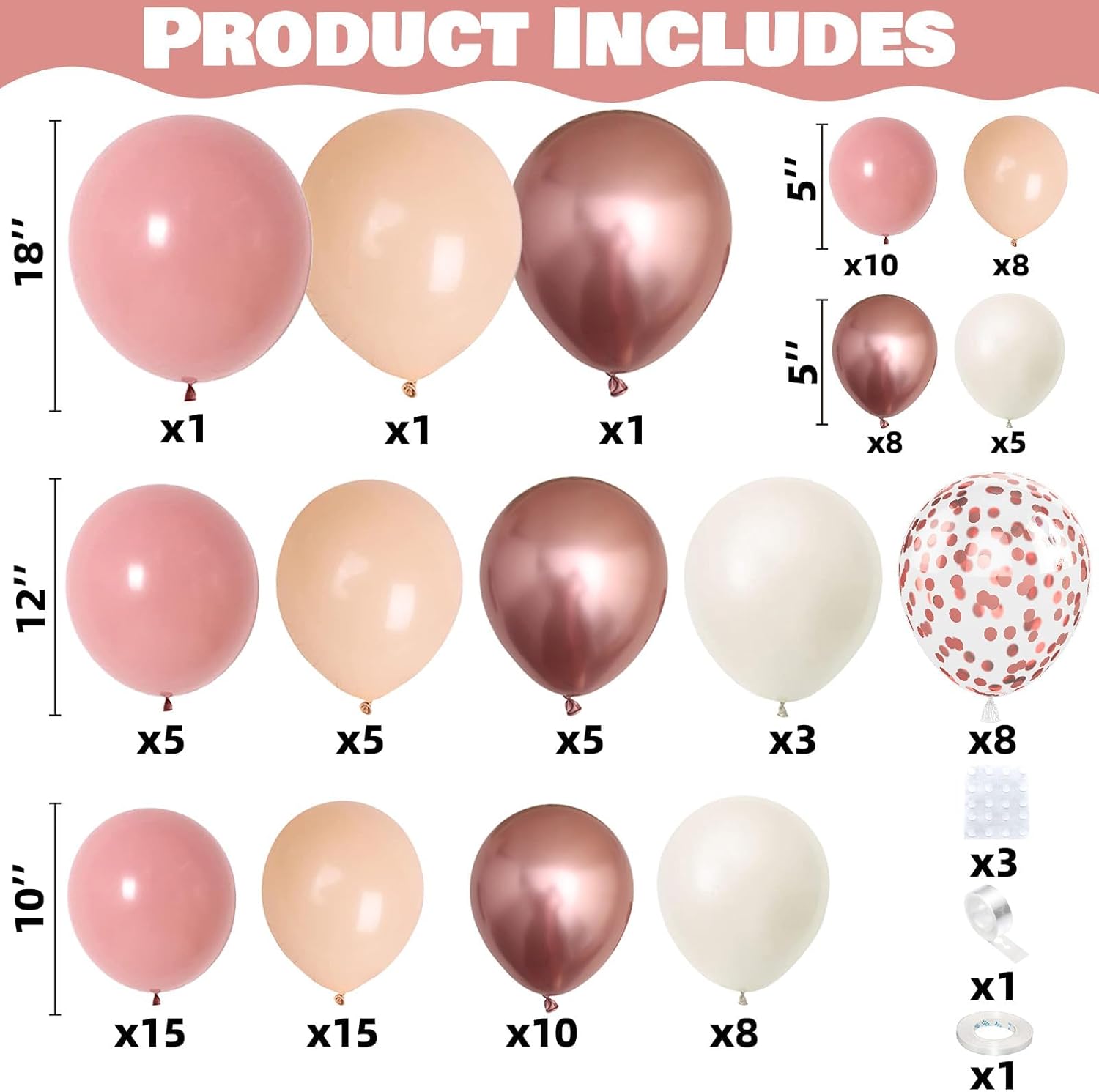 Kit de guirnalda de globos bohemios, color rosa y beige, 108 paquetes de globos color rosa polvoriento, color crema y globos metálicos de confeti de