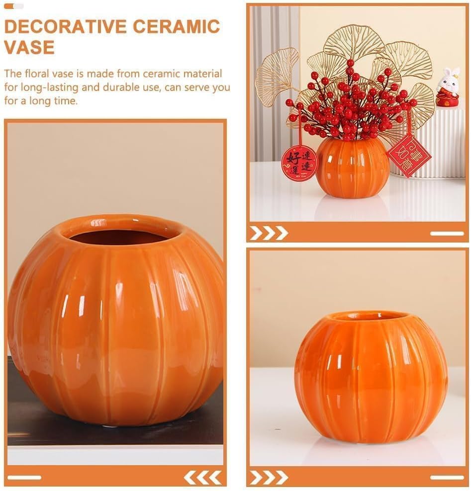 LOGOFUN Maceta de calabaza, jarrón de calabaza, maceta de calabaza naranja, florero de cerámica para cosecha de otoño, Acción de Gracias, Halloween