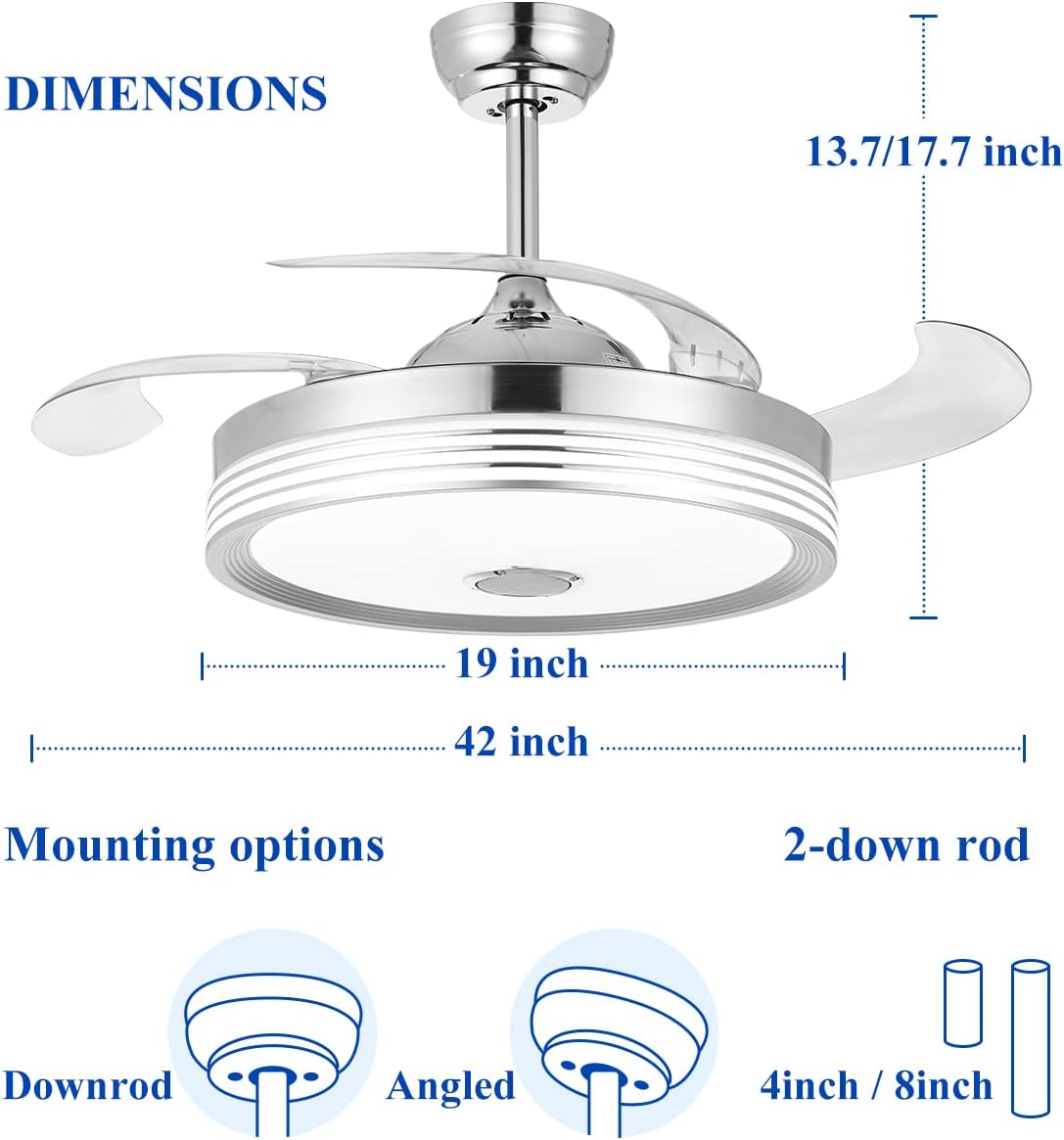 Ventilador de techo retráctil de 42 pulgadas con luz y control remoto de aplicación, lámpara de altavoz Bluetooth, luces regulables de color RGB