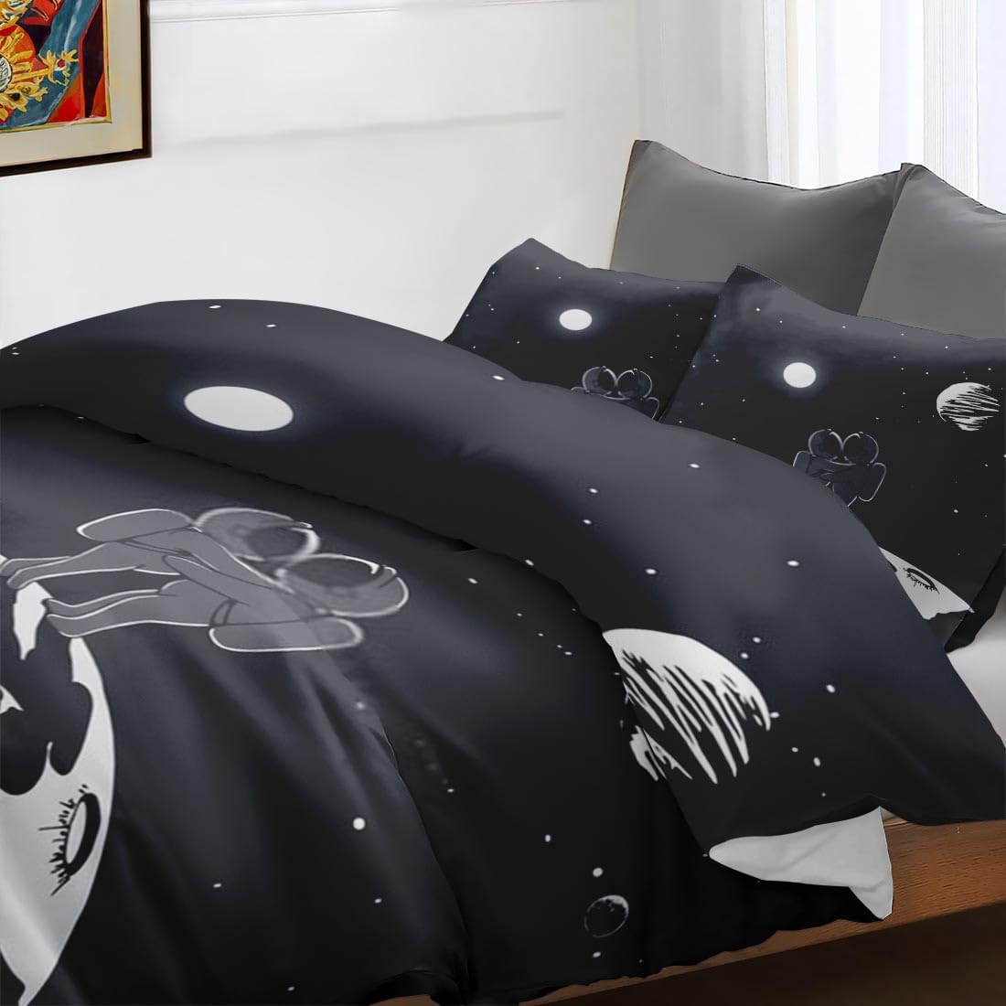 Juego de funda de edredón, juego de ropa de cama Love Space Moon Galaxy para niños y adultos, decoración de dormitorio de ciencia y planeta, juego