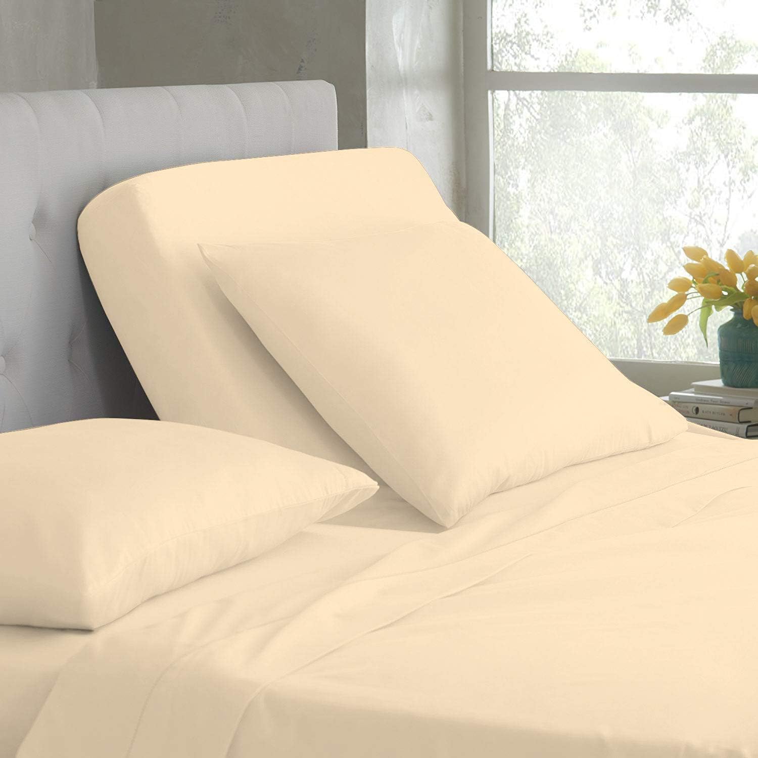 Wallaceu Split King – Juego de sábanas 100 % algodón dividido (juego de sábanas ajustable para cama king tamaño) 300 TC, marfil sólido, tejido de