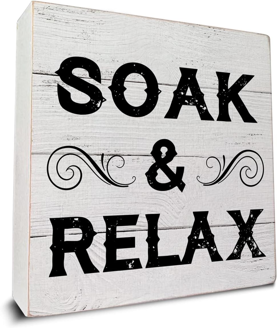 Caja de madera Soak & Relax, decoración de escritorio, cita de baño, caja de madera para el hogar, baño, estantes, decoración de mesa, 5 x 5 pulgadas