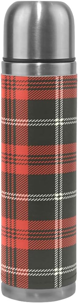 Red Black Plaid Vacuum Thermos Christmas Tartan Check Insulated Water Bottle Stainless Steel Double Wall Flask Bottles, Sports Coffee Travel Mug Cup
