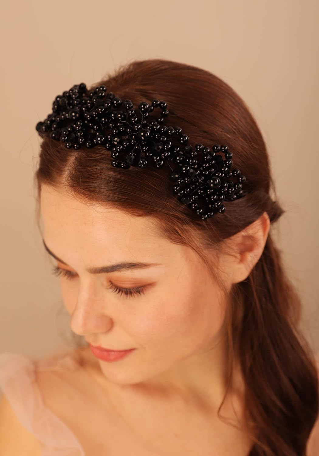 Diadema para el pelo, diadema de perlas negras, perlas de cristal de diamantes de imitación, pieza de pelo de boda, para mujeres y niñas nupciales