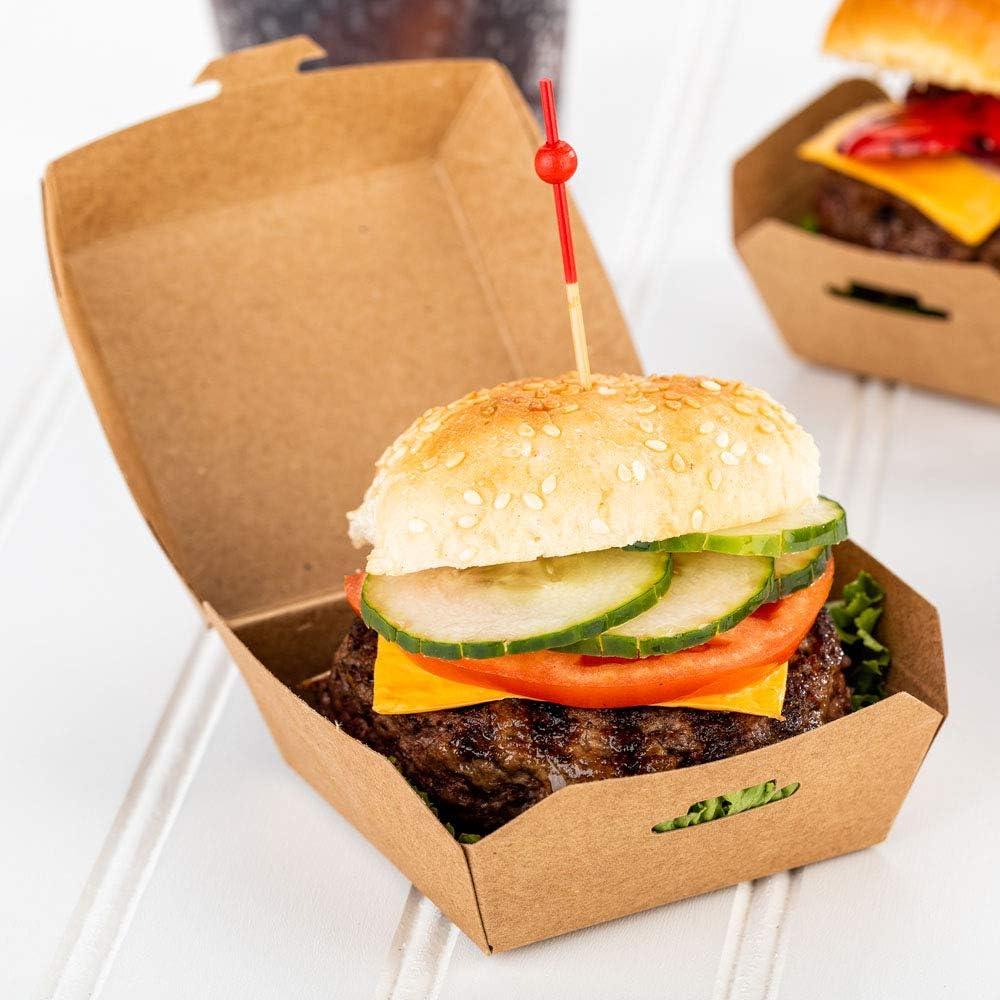 Restaurantware Mini cajas de hamburguesas de 2.8 x 2.8 x 2 pulgadas, 100 recipientes de comida con tapa con bisagras, desechables, cajas de papel