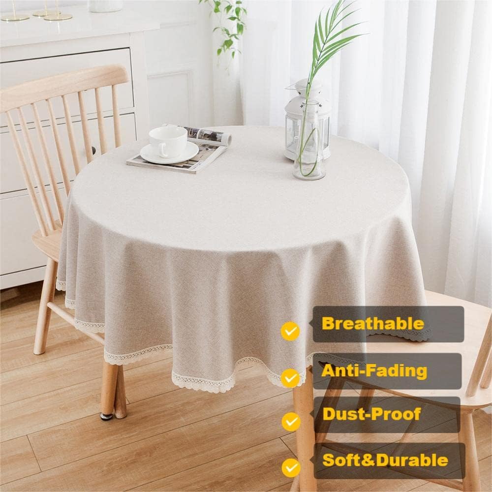 Mantel redondo de lino de arpillera, a prueba de polvo, para cocina, comedor, mesa, decoración del hogar (beige redondo de 47 pulgadas)