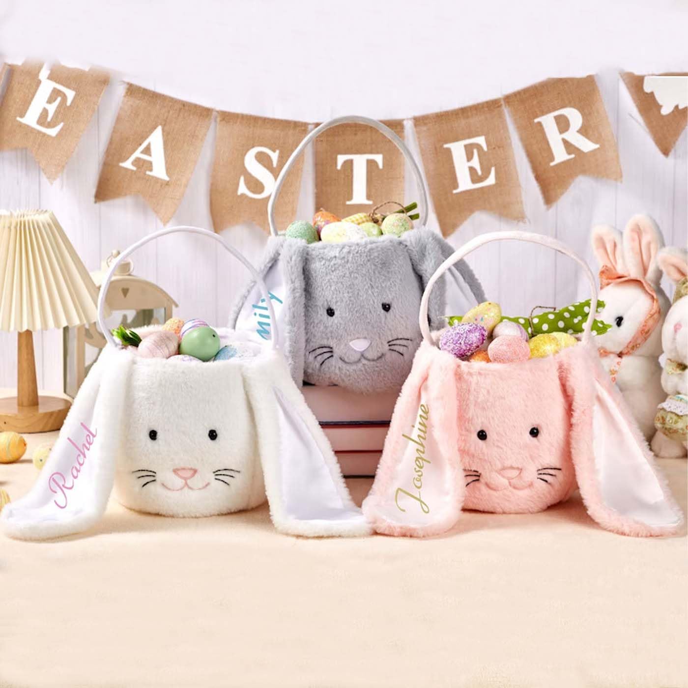 Cestas de Pascua personalizadas, cubos de conejo de Pascua con nombre personalizado, cesta de orejas de conejo de Pascua de felpa para niños y