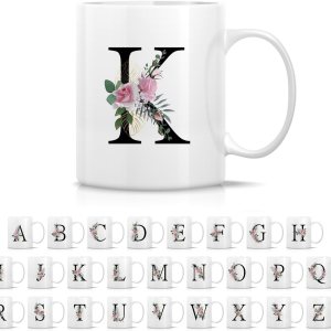 Retreez Ramo botánico floral inicial A-Z con monograma del alfabeto, taza de café de cerámica de 11 onzas  Agradecimiento agradecimiento, boda, Retreez Ramo botánico floral inicial A-Z con monograma del alfabeto, taza de café de cerámica de 11 onzas  Agradecimiento agradecimiento, boda,