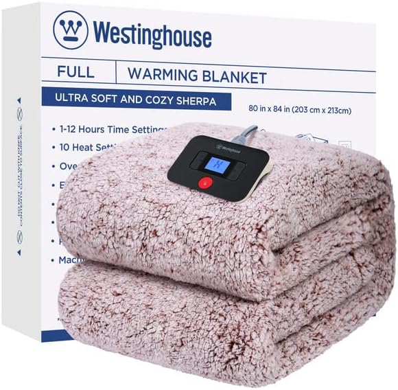 Westinghouse Manta eléctrica tamaño matrimonial, manta térmica de felpa suave Sherpa con 10 niveles de calefacción y 1-12 horas de apagado