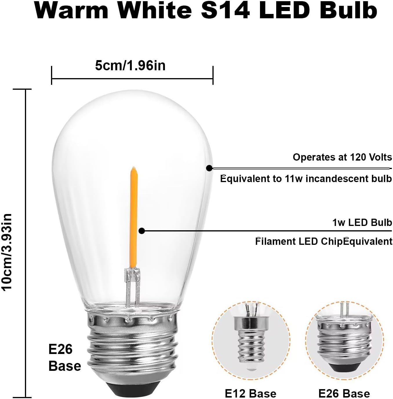 SUNTHIN 25 Pack Dimmable 1W S14 Replacement LED Bulbs, 2700K Warm White Waterproof Outdoor String Lights Vintage LED Filament Bulb, Shatterproof E26
