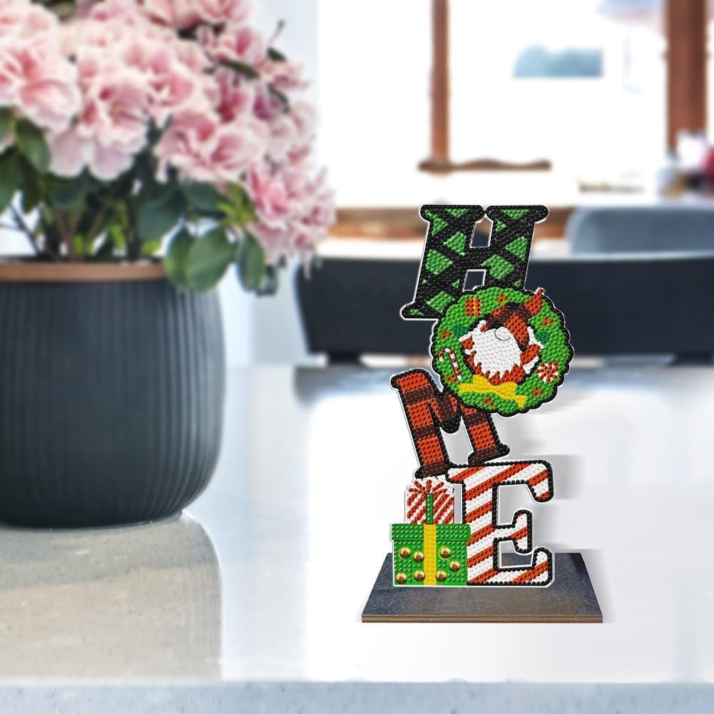 LUSandy Kit de adornos de pintura de diamantes de Navidad 5D con forma especial de cristal de madera para el hogar, adorno de escritorio para Año