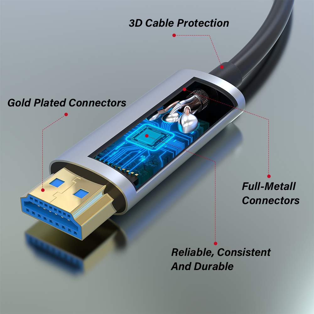 ATZEBE Cable HDMI de fibra óptica de 50 pies, cable HDMI de fibra compatible con 4K60Hz, 444422420, HDR, Dolby Vision, HDCP 2.2, ARC, 3D, alta