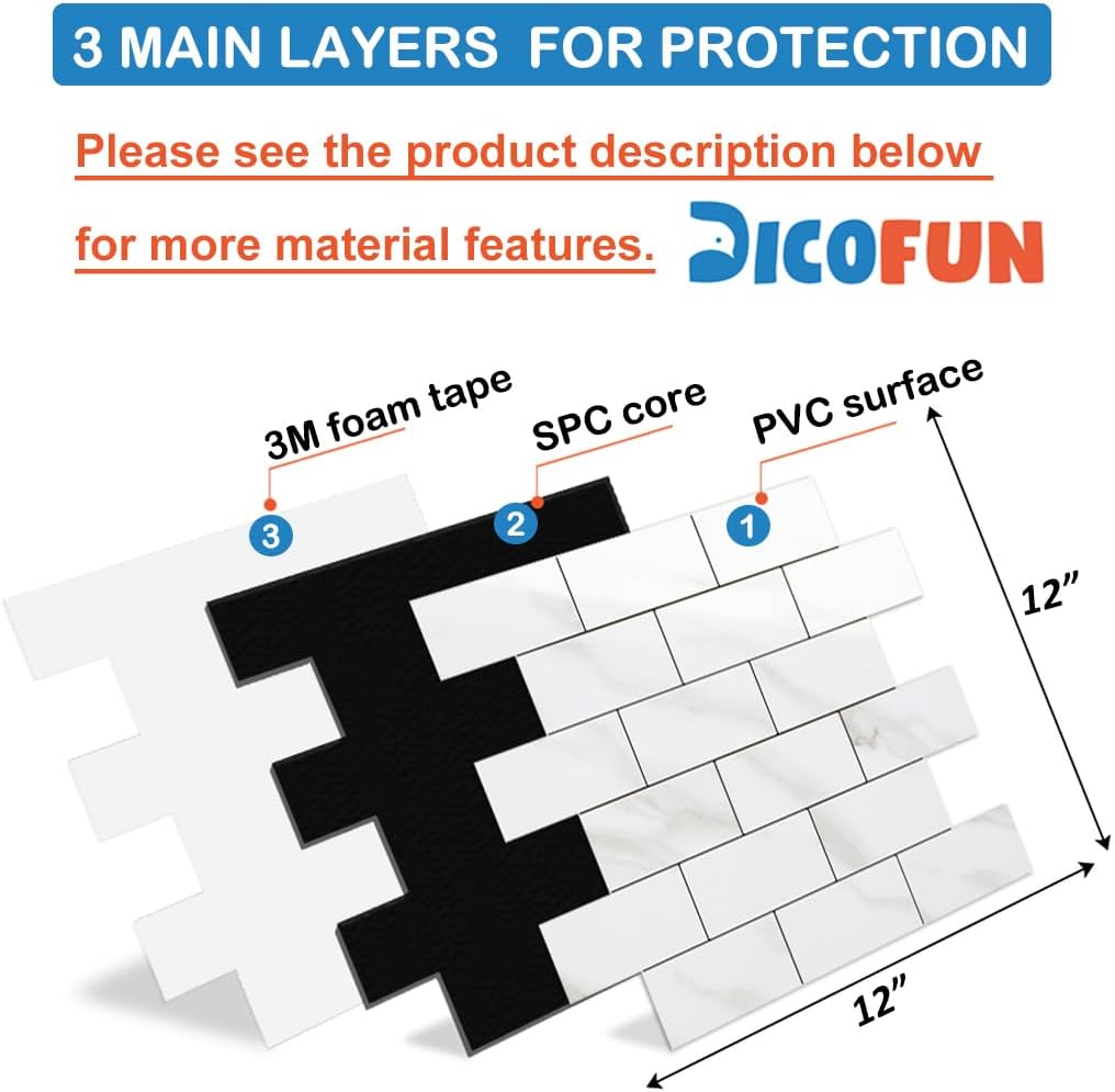 DICOFUN Azulejos de pared de mármol blanco pulido para despegar y pegar, azulejos de metro de PVC de 12 x 12 pulgadas de grosor para salpicaduras de