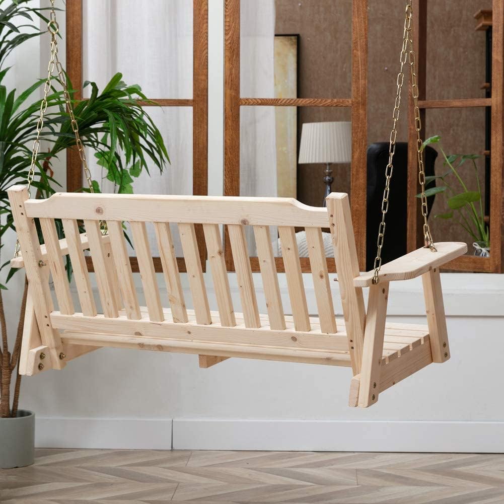 Columpio de madera para porche de 2 plazas, columpio de banco con cadenas colgantes, resistente 800 libras, para patio al aire libre, jardín, patio,