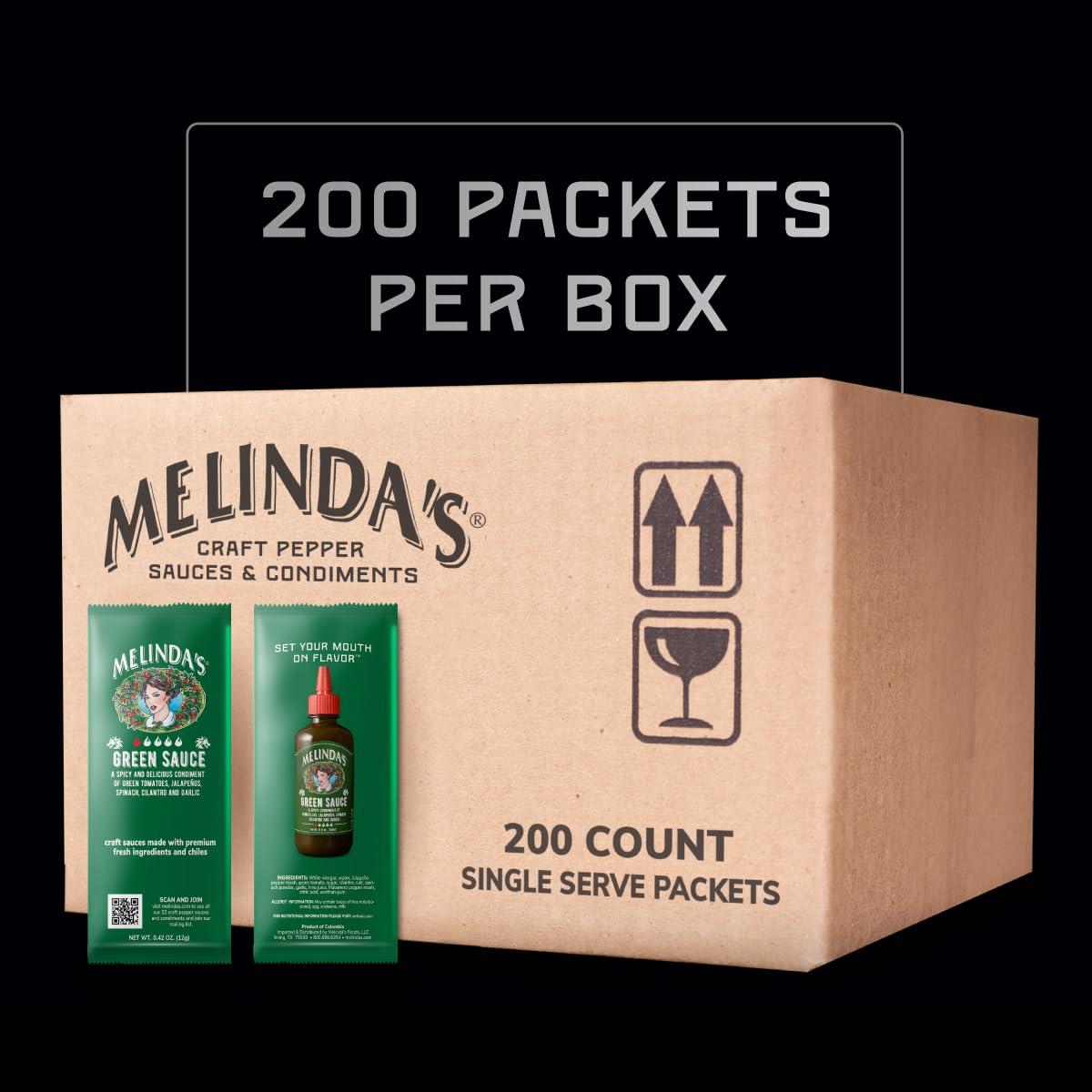 Melinda’s Paquetes de salsa verde  200 unidades (0.42 onzas cada uno)  Paquetes de salsa picante individuales para viajes, fiestas, negocios