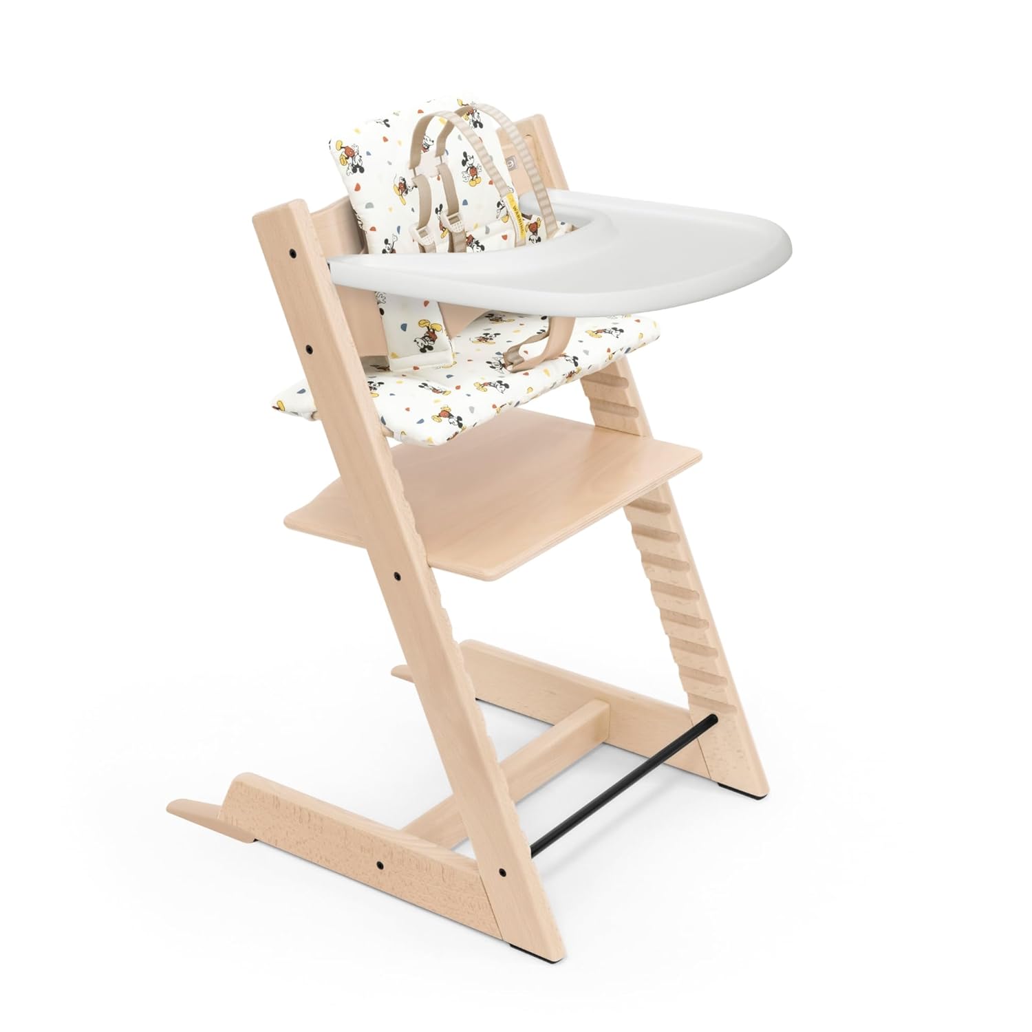 Tripp Trapp – Silla alta y cojín con bandeja Stokke – Natural con Mickey Celebration – Silla alta ajustable, convertible, todo en uno para bebés y