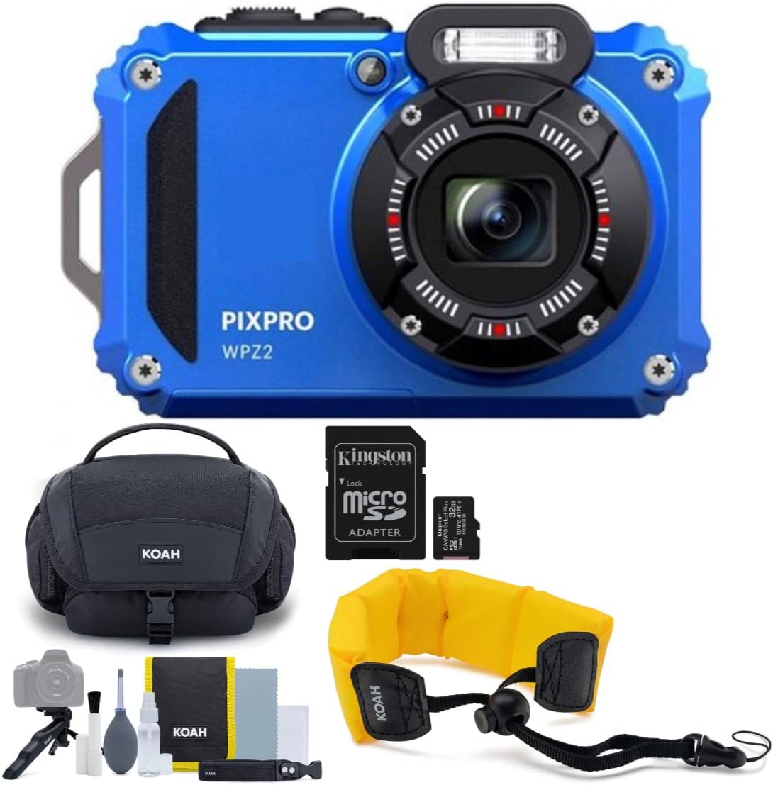 Kodak PIXPRO WPZ2 – Cámara digital resistente al agua de 16 MP con zoom óptico 4x (azul) paquete con bolsa Koah Nostrand Gadget, correa flotante