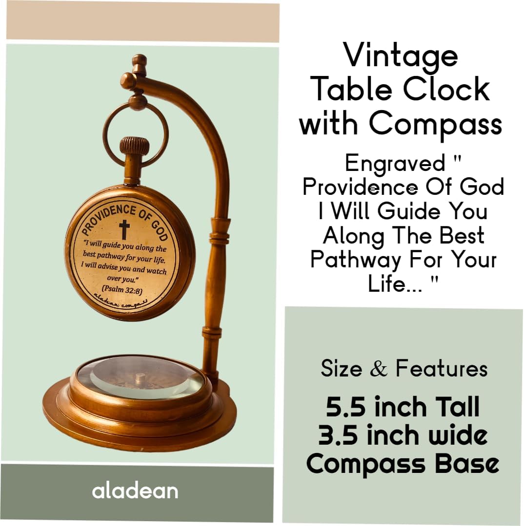 ALADEAN Reloj de mesa de latón con brújula  Reloj de escritorio Path of God  Reloj de estante de regalo religioso vintage decorativo cristiano