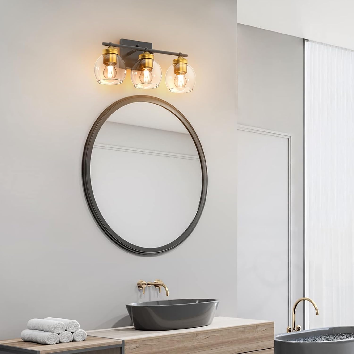 NIORSUN 3 lámparas de baño negras y doradas, lámparas de baño con pantalla de globo de vidrio transparente y base E26, luces de baño sobre espejo,