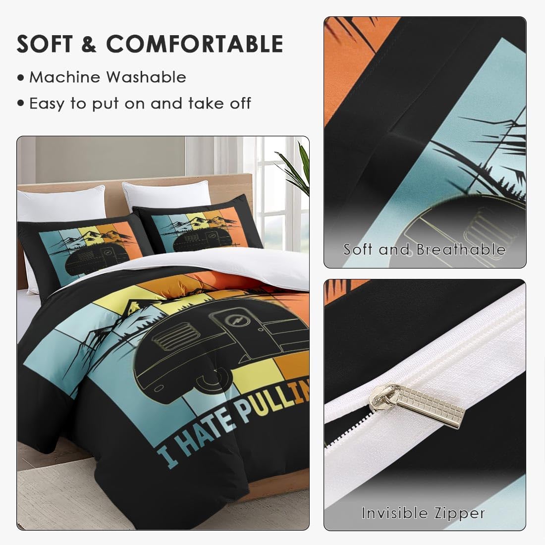 Juego de funda de edredón tamaño King, divertido juego de ropa de cama retro para acampar con cierre de cremallera para niños y adultos, funda de