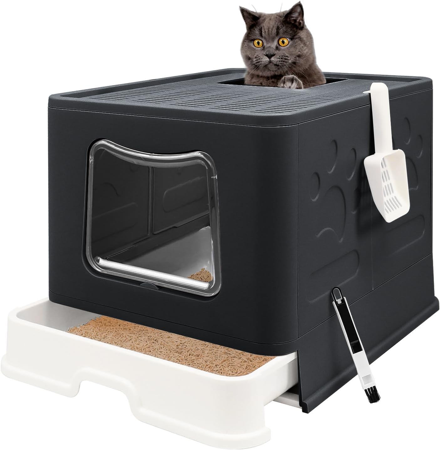 Caja de arena plegable para gatos con tapa, orinal cerrado para gatos, inodoro para gatos antisalpicaduras, fácil de limpiar, incluye pala de arena