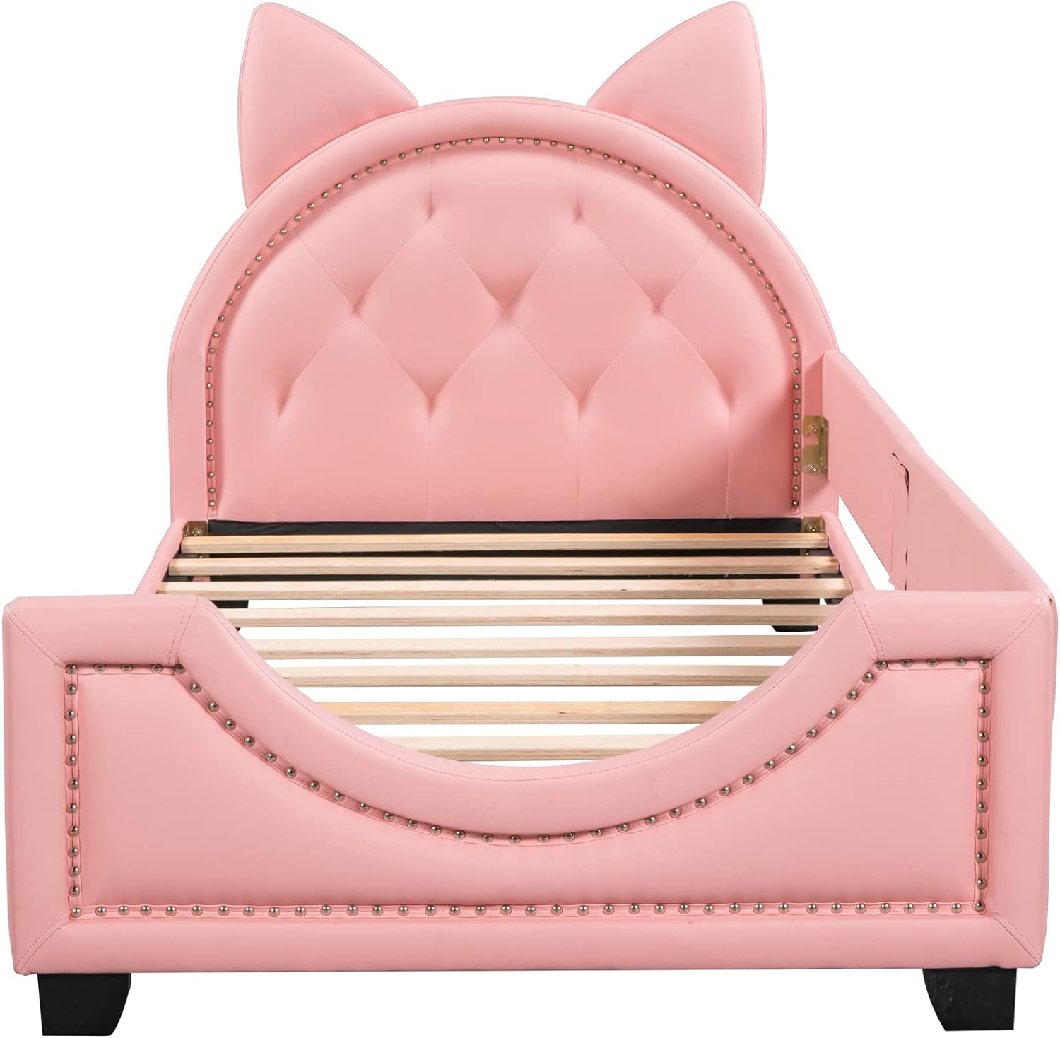Merax Sofá cama tapizado de tamaño individual con cabecero de orejas de conejo, marco de cama de plataforma para niños, dormitorio infantil, no