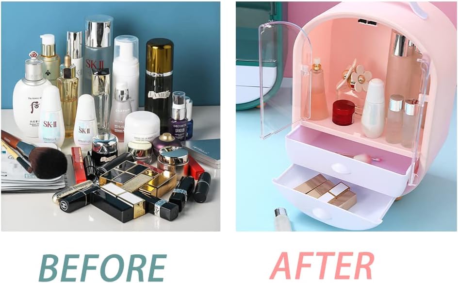Organizador de maquillaje rosa con almacenamiento de 2 capas, organizadores portátiles para el cuidado de la piel, vitrina de cosméticos a prueba de
