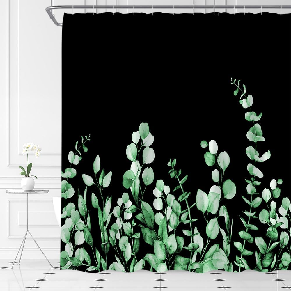 Cortina de ducha con diseño de hojas botánicas verdes, acuarela, eucalipto, plantas estéticas, decoración de baño, con ganchos, 70 pulgadas de ancho