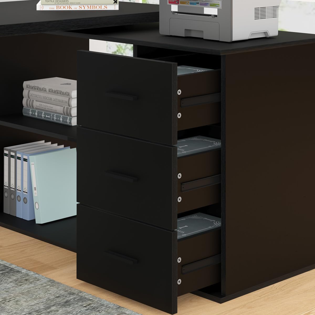 HSH Escritorio negro en forma de L con estantes de cajones, escritorio giratorio de 360 grados para oficina en casa en forma de L con gabinete de