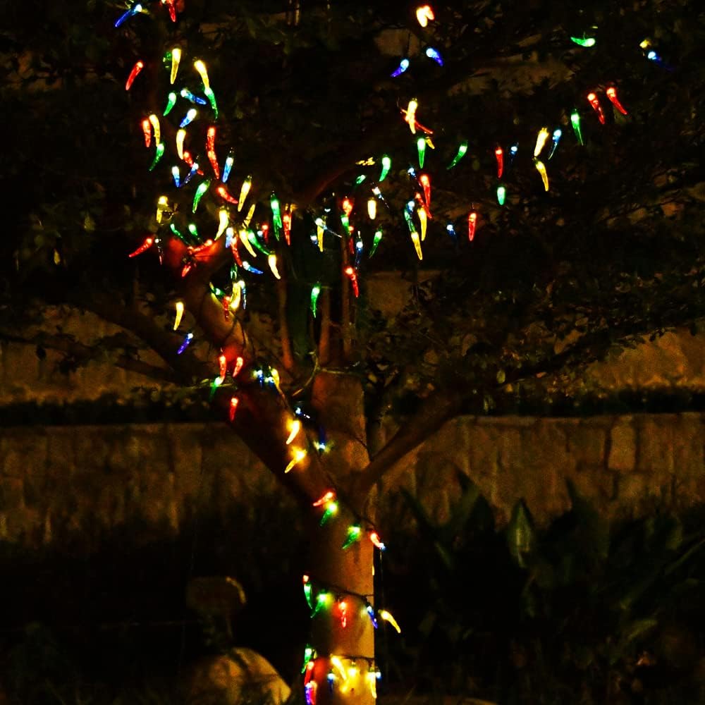 Guirnalda de luces solares de Navidad para exteriores, 50 luces LED multicolor con luces de árbol de Navidad, luces solares de jardín para cocina,