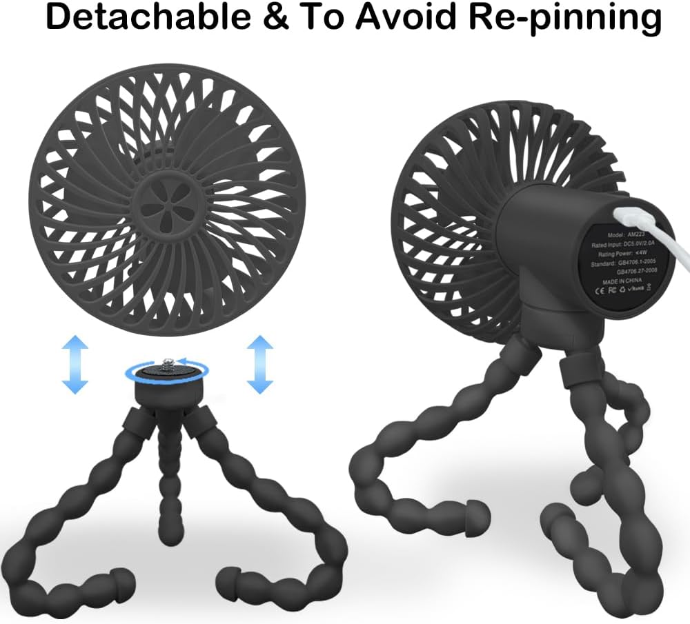 Stroller Fan, 3 Speed Adjustable Portable Fan, USB Rechargeable Battery Powered, Handheld Fan with Flexible Tripod, Suitable for Cribs and
