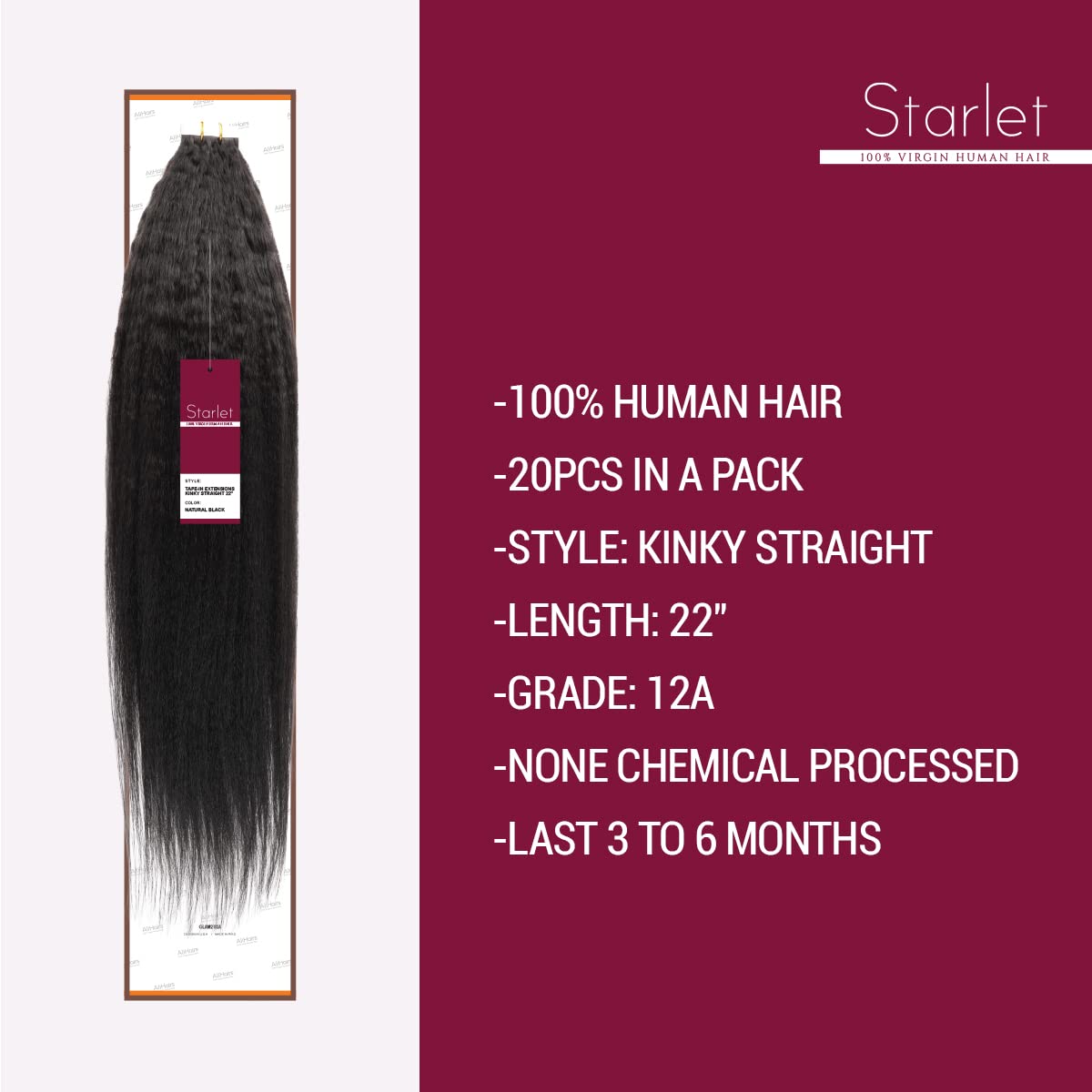 Starlet – Extensiones de cabello humano adhesivas 12A, 100% virgen, 22 pulgadas, 20 unidades de 1.76 ozpaquete, extensiones de cabello adhesivas sin