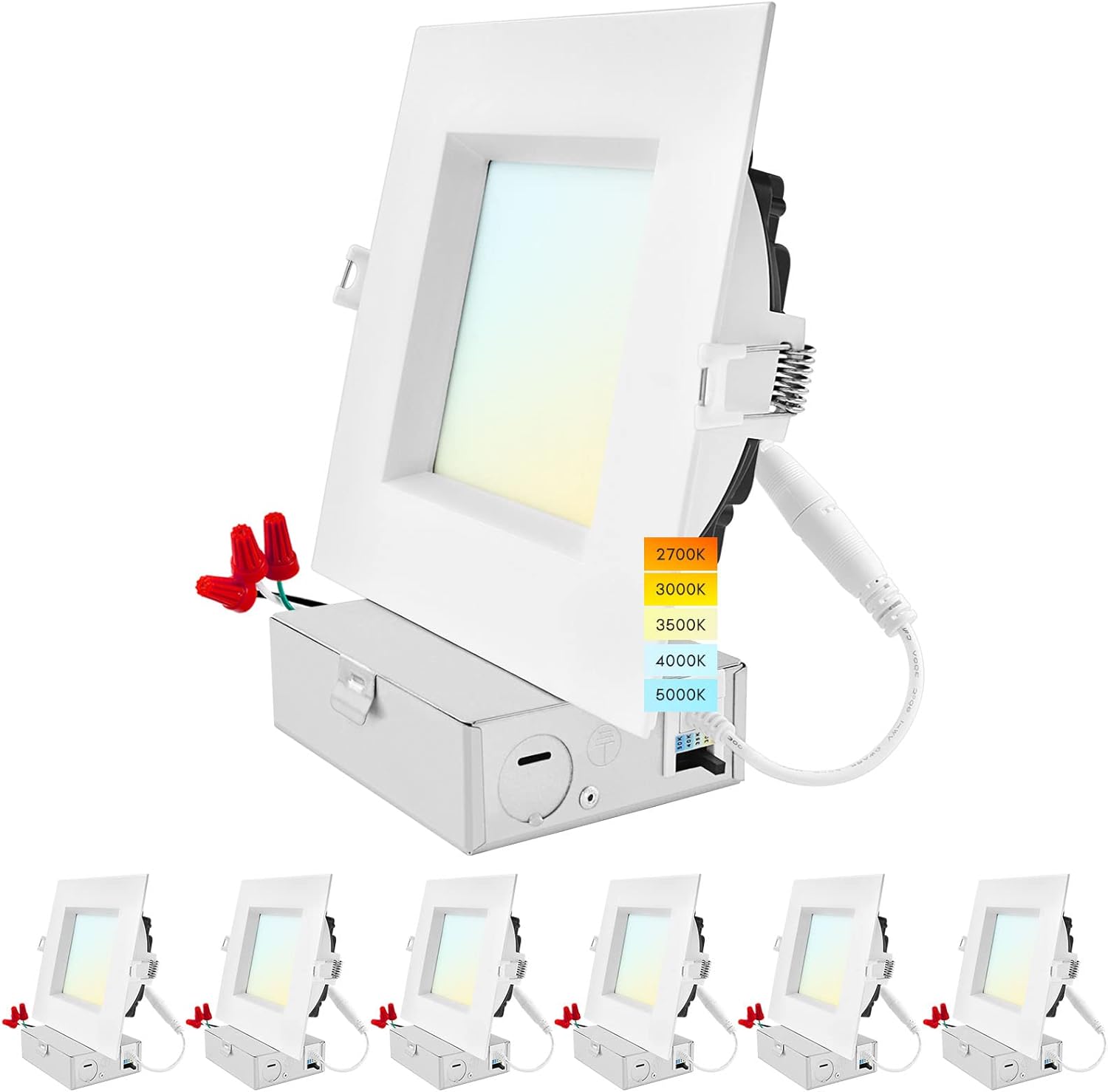 LUXRITE Lámpara de techo empotrable LED cuadrada de 6 pulgadas con caja de conexiones, 18W, 5CCT seleccionable 2700K3000K3500K4000K5000K, 1800LM de