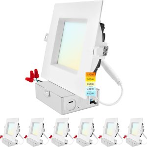 LUXRITE Lámpara de techo empotrable LED cuadrada de 6 pulgadas con caja de conexiones, 18W, 5CCT seleccionable 2700K3000K3500K4000K5000K, 1800LM de LUXRITE Lámpara de techo empotrable LED cuadrada de 6 pulgadas con caja de conexiones, 18W, 5CCT seleccionable 2700K3000K3500K4000K5000K, 1800LM de