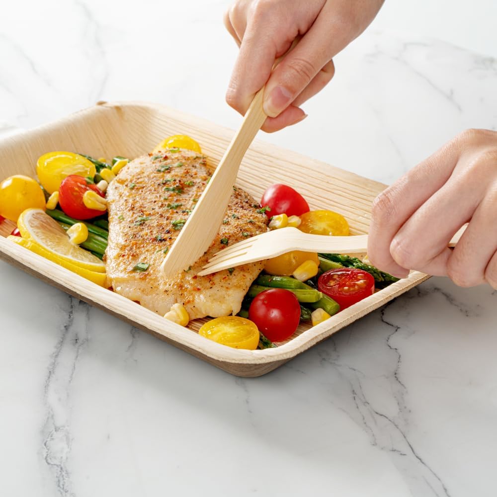 Restaurantware Bambuddha – Juego de utensilios de bambú de 7 pulgadas, 100 utensilios de bambú desechables, cuchillo y servilleta, acabado liso,