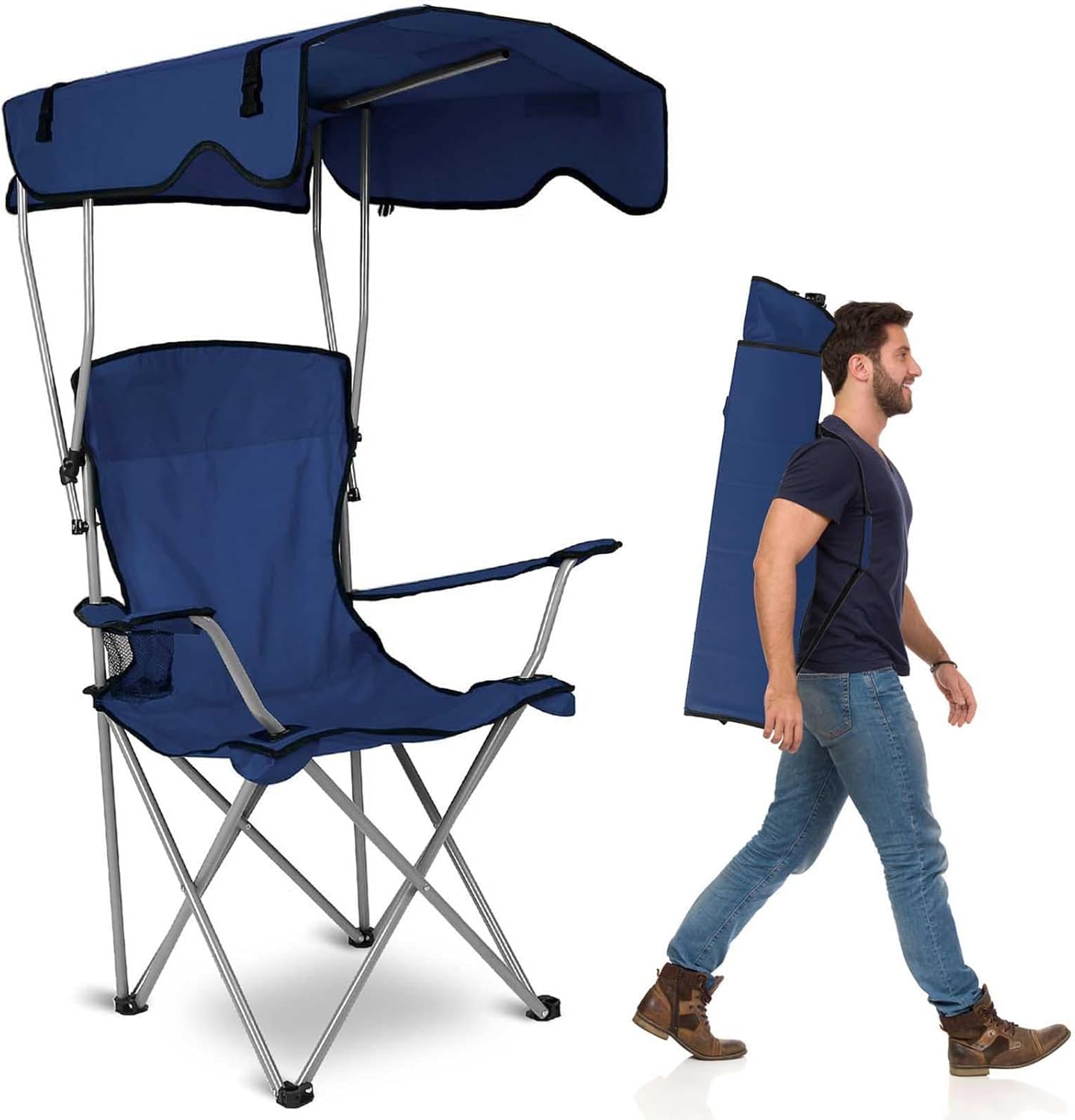 Silla de camping con toldo, silla plegable para exteriores con parasol ajustable UPF 50+ y soporte para tazas, reclinable portátil para campamento,
